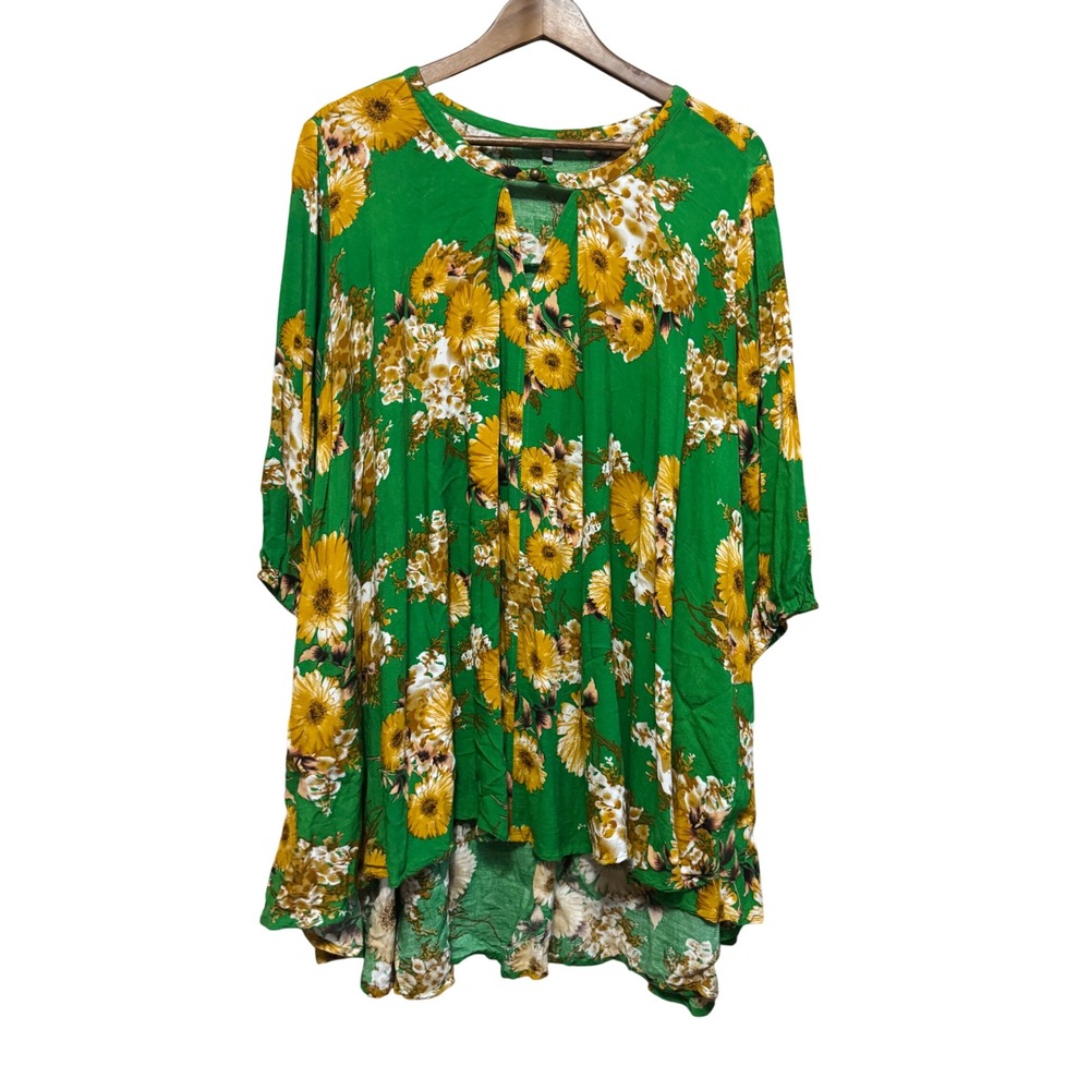 Jodifl Floral Blouse Womens L Green Yellow Excellent High Low Rayon Top J2583